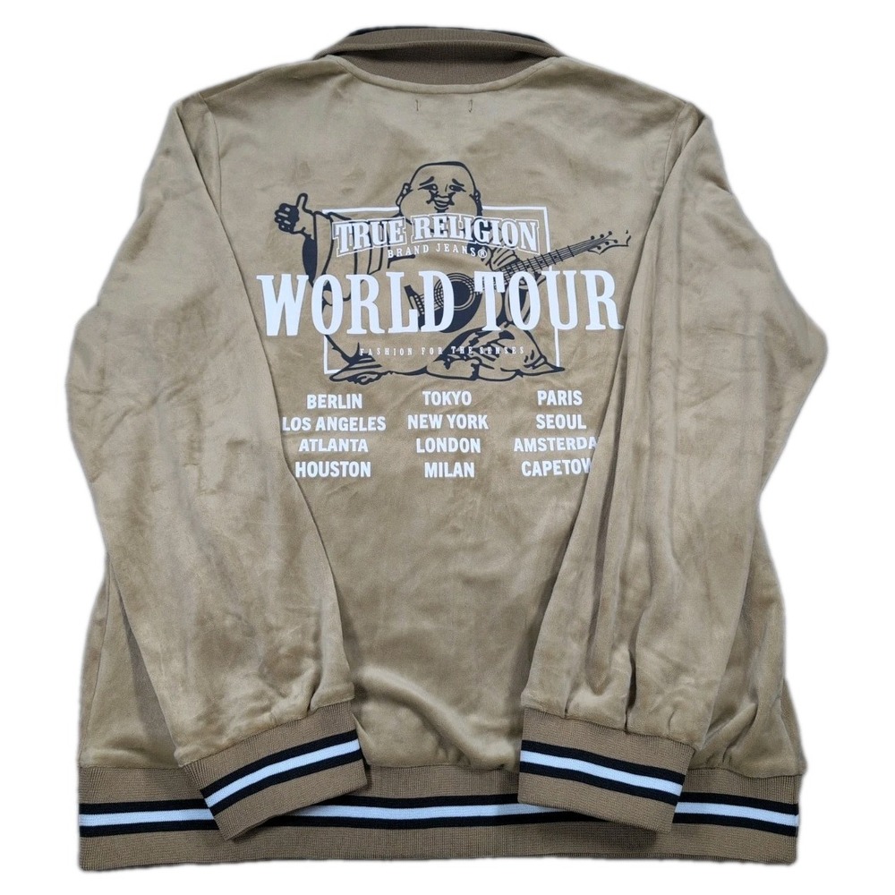 True Religion Track Jacket Mens M Tan Velour World Tour Buddha Full Zip Y2K